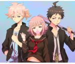  1girl 2boys ahoge alternate_costume alternate_hairstyle bandaid bandaid_on_cheek bangs baseball_bat black_jacket breasts brown_hair brown_shirt bubble bubble_blowing collarbone commentary dangan_ronpa_(series) dangan_ronpa_2:_goodbye_despair eyebrows_visible_through_hair gakuran green_neckwear hair_ornament hairclip hinata_hajime holding holding_knife jacket jewelry knife komaeda_nagito letterboxed long_sleeves looking_at_viewer loose_necktie midriff multiple_boys nanami_chiaki navel neckerchief necktie open_clothes open_jacket over_shoulder pink_eyes pink_hair ponytail print_shirt qosic sailor_collar school_uniform serafuku shirt short_hair skirt stomach teeth toothpick violet_eyes weapon weapon_over_shoulder 