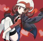  1girl brown_eyes brown_hair closed_mouth commentary_request eyelashes hat hat_ribbon heart highres jacket long_hair looking_at_viewer lyra_(pokemon) overalls pokemon pokemon_(game) pokemon_hgss red_background red_footwear ribbon shoes sleeves_past_elbows solo thigh-highs twintails watta02614129 white_headwear white_legwear 