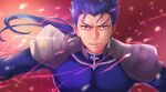  1boy armor blue_hair cu_chulainn_(fate)_(all) earrings fate/stay_night fate_(series) floating_hair grin jewelry lancer long_hair looking_at_viewer male_focus nozawa open_mouth pauldrons ponytail red_eyes shoulder_armor skin_tight smile solo spiky_hair type-moon 