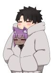  1boy 1girl :3 =_= animal_ear_fluff animal_ears bangs black_gloves black_hair blush cat_ears closed_eyes closed_mouth dark_skin eyebrows_visible_through_hair fate/grand_order fate/prototype fate/prototype:_fragments_of_blue_and_silver fate_(series) fingerless_gloves fujimaru_ritsuka_(male) gloves grey_jacket hair_between_eyes hands_in_pockets hassan_of_serenity_(fate) highres hood hood_down hooded_jacket i.u.y jacket kemonomimi_mode purple_hair simple_background sweat white_background 