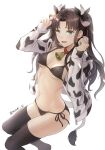  1girl animal_ears animal_print bell bell_collar bikini black_legwear blue_eyes breasts collar commentary_request cow_ears cow_print fate/stay_night fate_(series) hair_ribbon highres long_hair mondi_hl open_mouth ribbon side-tie_bikini solo swimsuit thigh-highs tohsaka_rin two_side_up 