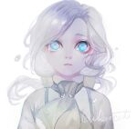  1boy artist_name blue_eyes blurry blurry_background bow child cravat crying crying_with_eyes_open eyeshadow grey_hair hair_bow identity_v ihirocat joseph_desaulniers long_hair looking_at_viewer low_ponytail makeup male_focus open_mouth parted_lips red_eyeshadow shirt signature simple_background solo suspenders tears twitter_username white_background white_shirt wide-eyed younger 