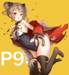  1girl :o absurdres bangs bare_shoulders belt black_legwear blush breasts brown_hair bullet character_name covered_navel double_bun full_body furrowed_eyebrows girls_frontline hair_ornament hand_on_thigh highres hyoin legs_up leotard medium_breasts off_shoulder p90_(girls_frontline) red_eyes short_hair simple_background skindentation solo thigh-highs torn_clothes torn_jacket torn_legwear yellow_background 