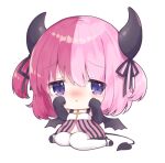  1girl artist_request black_footwear black_gloves blush chibi cross crucifix demon_girl demon_horns demon_tail demon_wings elbow_gloves eyebrows_visible_through_hair gloves hair_between_eyes highres horn_ornament horn_ribbon horns indie_virtual_youtuber kyuotto looking_at_viewer multicolored multicolored_clothes multicolored_hair pink_hair ribbon sad short_twintails solo tail tears thigh-highs twintails two-tone_hair violet_eyes white_background white_legwear wings 