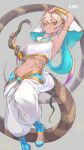  1girl bare_shoulders blonde_hair blue_footwear bracelet commentary_request crop_top don3 eyebrows_visible_through_hair harem_pants highres jewelry kemono_friends kemono_friends_3 king_cobra_(kemono_friends) long_hair looking_at_viewer midriff multicolored_hair navel official_alternate_costume pants purple_hair sandals shirt sleeveless snake snake_tail solo tail white_pants white_shirt white_veil yellow_eyes 