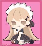  1girl bangs blonde_hair blush_stickers chibi frilled_hairband frills girls_frontline gloves gothic_lolita hairband kinubari_nerune kneeling light_brown_eyes lolita_fashion long_hair ppk_(girls_frontline) puffy_short_sleeves puffy_sleeves short_sleeves very_long_hair 