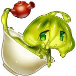  1girl akira_(meltyhip) colored_sclera colored_skin completely_nude cup green_eyes green_hair green_sclera green_skin hair_between_eyes in_container in_cup looking_at_viewer medium_hair minigirl monster_girl nude original parted_lips slime_girl solo spilling tareme teapot transparent_background 