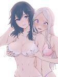  2girls black_bra blue_hair blush bra breast_grab byleth_(fire_emblem) byleth_eisner_(female) edelgard_von_hresvelg fire_emblem fire_emblem:_three_houses grabbing highres long_hair looking_at_viewer multiple_girls navel open_mouth panties simple_background smile underwear underwear_only violet_eyes white_background white_bra white_hair yudepan_(yuri_no_sugata) yuri 