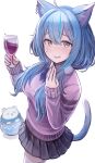  1girl ahoge alcohol animal_ear_fluff animal_ears bangs black_skirt blue_bow blue_hair blue_neckwear blush bow bowtie breasts cat_ears cat_tail cowboy_shot cup drinking_glass enumiyan eyebrows_visible_through_hair from_above hair_between_eyes hair_ornament hair_over_shoulder hairpin highres holding holding_cup hololive jewelry kemonomimi_mode long_hair looking_at_viewer low_twintails medium_breasts parted_lips pleated_skirt purple_sweater simple_background single_earring skirt solo standing sweat sweater tail thigh-highs twintails white_background white_legwear wine wine_glass yellow_eyes yukihana_lamy 