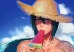  bangs black_hair fate/grand_order fate_(series) food fruit green_eyes hat looking_away male_focus melting ponytail popsicle shoulders sun_hat syaofoo tattoo watermelon yan_qing_(fate/grand_order) 