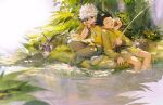  2boys animal bangs black_hair blue_eyes closed_eyes closed_mouth eyebrows_visible_through_hair fishing_rod full_body gon_freecss grass green_jacket green_pants green_shorts hair_between_eyes head_rest holding hunter_x_hunter jacket jewelry killua_zoldyck leaning_on_person long_sleeves male_focus multiple_boys necklace open_mouth outdoors pants purple_footwear rabbit shirt shoes short_hair short_sleeves shorts sitting sleeping smile soaking_feet spiky_hair tree water white_hair wristband yellow_shirt yud79317724 