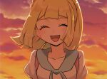  1girl bangs blonde_hair closed_eyes clouds collarbone commentary eyelashes floating_hair highres lillie_(pokemon) open_mouth outdoors pokemon pokemon_(game) pokemon_sm sky smile solo teeth tongue twilight upper_body watta02614129 |d 