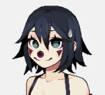  1girl 98fumi bangs bare_shoulders blue_eyes closed_mouth collarbone commentary english_commentary grey_hair hair_between_eyes looking_at_viewer medium_hair original pixel_art simple_background smile solo sweatdrop upper_body white_background 