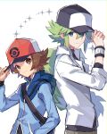  2boys bangs baseball_cap blue_eyes blue_jacket brown_eyes brown_hair closed_mouth collared_shirt commentary green_hair hair_between_eyes hand_on_headwear hat hilbert_(pokemon) hood hooded_jacket jacket long_hair male_focus multiple_boys n_(pokemon) pokemon pokemon_(game) pokemon_bw shirt simple_background tpi_ri undershirt white_background white_shirt wristband zipper_pull_tab 