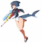  1girl azuumori black_footwear black_sailor_collar black_shirt blue_hair eyebrows_visible_through_hair fish_tail highres leg_up neckerchief one-piece_swimsuit original parted_lips puffy_short_sleeves puffy_sleeves red_eyes red_neckwear sailor_collar sandals shark_fin shark_girl shark_girl_(azuumori) shark_tail sharp_teeth shirt short_hair short_sleeves simple_background smile solo swimsuit swimsuit_under_clothes tail teeth water_gun white_background white_swimsuit 