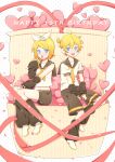  1boy 1girl arm_warmers bangs bare_shoulders black_collar black_shorts black_sleeves blonde_hair blue_eyes blush bow collar commentary confetti crop_top fang full_body hair_bow hair_ornament hairclip happy_birthday headphones heart highres kagamine_len kagamine_rin leg_warmers looking_at_viewer neckerchief necktie open_mouth red_ribbon ribbon sailor_collar school_uniform shirt short_hair short_ponytail short_shorts short_sleeves shorts sitting skin_fang sleeveless sleeveless_shirt smile spiky_hair swept_bangs vocaloid white_bow white_shirt yellow_nails yellow_neckwear zimoow 