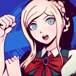  1girl :o bangs black_ribbon blonde_hair blue_background blue_eyes bow bowtie commentary dangan_ronpa_(series) dangan_ronpa_2:_goodbye_despair hair_ribbon highres long_hair looking_at_viewer open_mouth qosic red_bow red_neckwear ribbon solo sonia_nevermind upper_body 
