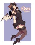  1girl agawa_ryou arm_garter black_dress black_eyes black_hair black_nails borrowed_character commission curled_horns demon_girl demon_wings dress fingerless_gloves gloves horns nail_polish nona_(thirnz) original pointy_ears solo tearing_up wings 