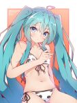  1girl ahoge animal_print aqua_eyes aqua_hair artist_name bikini blush commentary cow_print cowboy_shot furrowed_eyebrows hand_on_own_chest harukawa_(hal501) hatsune_miku highres long_hair looking_at_viewer navel solo swimsuit twintails very_long_hair vocaloid white_bikini 