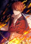  1boy abs bangs coyucom embers emiya_shirou fate/grand_order fate_(series) fire hand_on_own_shoulder igote katana limited/zero_over male_focus redhead sengo_muramasa_(fate) serious solo sword upper_body weapon yellow_eyes 