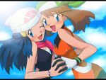  2girls :d ;d bangs beanie blue_eyes blue_hair blush bracelet brown_hair clouds commentary_request hikari_(pokemon) day eyebrows_visible_through_hair eyelashes floating_hair gloves green_bandana hat holding_hand jewelry may_(pokemon) multiple_girls official_style one_eye_closed open_mouth pink_scarf pokemon pokemon_(anime) pokemon_dppt_(anime) scarf sky smile white_headwear y@mato 