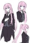 1girl black_neckwear black_pants black_suit blue_eyes commentary formal from_side grey_vest hand_on_own_chest highres kkr_rkgk long_hair looking_at_viewer megurine_luka multiple_views necktie pants pink_hair ponytail sketch smile solo suit upper_body very_long_hair vest vocaloid white_background 
