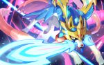  blue_fur claws commentary_request gen_8_pokemon legendary_pokemon looking_at_viewer mouth_hold no_humans pokemon pokemon_(creature) solo sword tapioka_chaso weapon yellow_eyes zacian zacian_(crowned) 