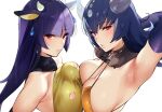  2girls arm_up armpits blush breast_press breasts character_request cow_horns elbow_gloves gloves hairband highres hizuki_akira horns large_breasts long_hair looking_at_viewer multiple_girls pokemon pokemon_(game) pokemon_frlg purple_hair red_eyes sabrina_(pokemon) symmetrical_docking 