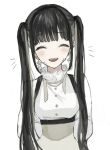  1girl arms_behind_back black_hair blush closed_eyes earrings es-ther eyebrows_visible_through_hair frills highres jewelry long_hair open_mouth original rene_(es-ther) simple_background smile solo teeth twintails upper_teeth white_background 