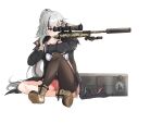  1girl aiming bipod blue_eyes boots c14_(girls_frontline) c14_timberwolf case clov3r girls_frontline gun highres holding holding_gun holding_weapon indian_style long_hair mismatched_legwear rifle scope short_shorts shorts silver_hair single_thighhigh sitting sniper_rifle solo suppressor thigh-highs trigger_discipline very_long_hair weapon white_background 