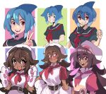  2girls arms_behind_back azuumori belt black_shirt blue_hair blush breasts brown_hair dark_skin dark-skinned_female dress fangs gloves hair_between_eyes hand_on_hip hand_up hands_up hat highres large_breasts long_hair medium_breasts multicolored_hair multiple_girls multiple_views neckerchief open_mouth original parody paw_gloves paws pink_eyes red_neckwear shark_fin shark_girl sharp_teeth shirt short_hair short_sleeves smile style_parody teeth v white_dress white_headwear 