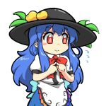  1girl :&gt; arms_up black_headwear blue_hair blue_skirt blush_stickers bright_pupils chibi commentary eyebrows_visible_through_hair fingers_together flying_sweatdrops food fruit hat hinanawi_tenshi leaf long_hair looking_away peach puffy_short_sleeves puffy_sleeves rakkidei red_eyes red_neckwear red_ribbon ribbon shirt short_sleeves simple_background skirt solo standing symbol_commentary touhou upper_body very_long_hair white_background white_shirt 