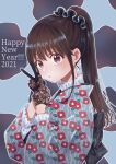  1girl 2021 :o bangs black_gloves black_scrunchie brown_hair commentary_request eyebrows_visible_through_hair floral_print gloves grey_kimono hair_between_eyes hair_ornament hair_scrunchie hands_up happy_new_year highres isshokuitaru japanese_clothes kimono long_hair long_sleeves looking_at_viewer nengajou new_year original parted_lips ponytail print_kimono red_eyes scrunchie see-through signature solo unmoving_pattern upper_body v 