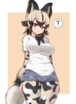  1girl :3 ? absurdres african_wild_dog_(kemono_friends) african_wild_dog_print akaisuto animal_ears arms_at_sides black_hair bodystocking bow bowtie breast_pocket breasts closed_mouth collared_shirt commentary_request cutoffs denim denim_shorts dog_ears dog_girl dog_tail extra_ears eyebrows_visible_through_hair grey_hair hair_between_eyes highres kemono_friends large_breasts long_sleeves looking_at_viewer medium_hair multicolored_hair orange_eyes pocket shirt short_over_long_sleeves short_shorts short_sleeves shorts sidelocks smile solo spoken_question_mark tail thigh_gap two-tone_hair white_shirt wing_collar 