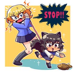  2girls abebe absurdres andou_(girls_und_panzer) animal_ears bangs blonde_hair blue_eyes blue_skirt brown_eyes brown_hair chibi english_text eyebrows_visible_through_hair food girls_und_panzer hair_between_eyes highres kneehighs leash medium_hair multiple_girls open_hands open_mouth oshida_(girls_und_panzer) pulling school_uniform skirt tail taiyaki v-shaped_eyebrows wagashi 