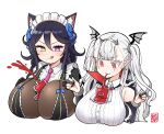  2girls :3 :p animal_ears bangs between_breasts blush braid breasts brown_bodysuit cat_ears cat_girl cross cross_earrings dark_blue_hair draculina_(last_origin) drinking_straw earrings eyebrows_visible_through_hair fang hair_between_eyes head_wings highres huge_breasts jewelry junsuina_fujunbutsu last_origin long_hair maid_headdress mole mole_on_breast mole_under_mouth multiple_braids multiple_girls necktie poi_(last_origin) pointy_ears red_eyes simple_background tomato_juice tongue tongue_out tri_braids twintails two_side_up violet_eyes white_background white_eyelashes white_hair yellow_eyes 