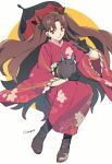  1girl alternate_costume black_gloves brown_footwear brown_hair fate/grand_order fate_(series) floral_print gloves ishtar_(fate)_(all) japanese_clothes kimono long_hair looking_away lunapont obi parasol red_eyes sash smile solo twintails twitter_username umbrella very_long_hair wide_sleeves 