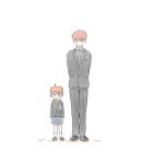  1boy 1girl ahoge arms_behind_back black_suit cczyjs emiya_shirou fate/stay_night fate_(series) formal fujimaru_ritsuka_(female) full_body height_difference looking_at_viewer necktie orange_hair ribbon shoes short_twintails simple_background skirt smile standing suit twintails uniform white_background yellow_eyes younger 