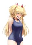  1girl absurdres admiral_hipper_(azur_lane) angry arms_behind_back azur_lane bangs bare_shoulders blonde_hair blue_swimsuit blush breasts choker collarbone commentary covered_navel cowboy_shot crossed_bangs embarrassed eyebrows_visible_through_hair fangs green_eyes hair_ribbon highres iron_cross ldl_(bcw1025) long_hair looking_at_viewer medium_breasts mole mole_under_eye nose_blush one-piece_swimsuit open_mouth red_choker red_ribbon ribbon school_swimsuit simple_background solo standing swimsuit teeth two_side_up v-shaped_eyebrows white_background 