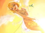  1girl bird blonde_hair blue_eyes bow commentary contrapposto cowboy_shot daisy dress dutch_angle fairy_dress_(module) flower from_side hair_bow hair_flower hair_ornament hand_up highres kagamine_rin kanato_1227 orange_theme short_hair silhouette smile solo string string_of_fate sunset upper_body vocaloid white_bow 