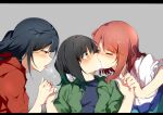  3girls after_kiss black_hair blush closed_eyes commentary green_eyes green_hair grey_background holding_hands interlocked_fingers jacket kiss long_hair love_live! love_live!_nijigasaki_high_school_idol_club medium_hair multicolored_hair multiple_girls red_eyes redhead saliva saliva_trail shirt side_bun simple_background surprise_kiss surprised takasaki_yuu tongue twintails uehara_ayumu yuri yuuki_setsuna_(love_live!) zhanzhangzlw 