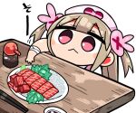  &gt;_&lt; 1girl :&lt; brown_hair bunny_hair_ornament chibi chopsticks closed_mouth commentary_request food hair_ornament hat heart kanikama long_hair lowres natori_sana nurse_cap pink_headwear plate red_eyes sana_channel sashimi simple_background solo soy_sauce translation_request two_side_up upper_body virtual_youtuber white_background 