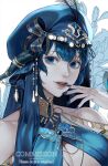 1girl au_ra bangs blue_eyes blue_hair blue_headwear blue_nails butterfly_ornament commission dolphin_5098 emain_(honkittyhonk) feathers final_fantasy final_fantasy_xiv highres jewelry looking_at_viewer parted_lips portrait smile solo 