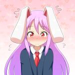  1girl animal_ears blush cato_(monocatienus) commentary_request embarrassed eyebrows_visible_through_hair flying_sweatdrops frown gradient gradient_background heart heart_background long_hair necktie nose_blush outline pink_background pink_hair rabbit_ears red_eyes red_neckwear reisen_udongein_inaba simple_background solo sweatdrop touhou upper_body wavy_mouth white_outline 