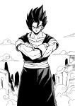  1boy black_hair closed_mouth crossed_arms dougi dragon_ball dragon_ball_z earrings gloves highres jewelry looking_at_viewer male_focus monochrome muscular potara_earrings smile solo spiky_hair tukiwani vegetto white_gloves 