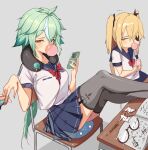  ... 2girls alternate_costume animal_ears antenna_hair blonde_hair blue_sailor_collar blue_skirt book bow bowtie breasts bubble_blowing cat_ears cellphone chair chewing_gum eyepatch eyewear_removed feet_on_table fischl_(genshin_impact) garter_straps genshin_impact glasses green_eyes green_hair grey_background grey_legwear hair_ribbon hand_up highres holding holding_phone kkry99 legs_up long_hair looking_at_viewer looking_to_the_side low_ponytail midriff_peek miniskirt multicolored_hair multiple_girls nail_polish neck_pillow orange_eyes painting_nails pantyhose pencil phone pleated_skirt red_neckwear revision ribbon sailor_collar school_uniform semi-rimless_eyewear serafuku shirt short_sleeves sitting skirt small_breasts smartphone speech_bubble streaked_hair sucrose_(genshin_impact) tears thigh-highs two_side_up very_long_hair vision_(genshin_impact) white_shirt zettai_ryouiki 
