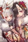  2girls :d animal_ear_fluff bangs black_gloves blurry blurry_background blush brown_hair closed_mouth dutch_angle eyebrows_visible_through_hair eyeshadow fang floral_print flower fox_girl fur_scarf gloves hair_flower hair_ornament hair_over_one_eye hand_to_own_mouth highres horns japanese_clothes kimono looking_at_viewer makeup mole mole_under_eye multiple_girls nail_polish oni oni_horns open_hand open_mouth original purple_nails red_eyes red_flower short_hair silver_hair simple_background skin_fang sleeves_past_elbows smile suzuno_(bookshelf) tassel upper_body violet_eyes white_background wide_sleeves 