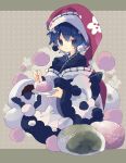  1girl :3 adapted_costume bangs black_kimono blue_eyes blue_hair commentary doremy_sweet dream_soul floral_print hat highres holding holding_plate japanese_clothes jitome kimono long_sleeves mochi nightcap nikorashi-ka oversized_food plate polka_dot polka_dot_background pom_pom_(clothes) print_headwear red_headwear short_hair solo touhou wide_sleeves 