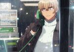  1boy amuro_tooru bangs bespectacled black-framed_eyewear black_gloves blonde_hair brown_jacket casual closed_mouth commentary_request crack glasses gloves hair_between_eyes holding holding_phone jacket k_gear_labo looking_to_the_side male_focus meitantei_conan open_clothes open_jacket outdoors payphone phone phone_booth rain short_hair smile solo sweater turtleneck turtleneck_sweater upper_body white_sweater 