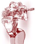  1girl breasts bubble_blowing dc_comics fingerless_gloves fishnets forehead gloves gun hair_behind_ear harley_quinn highres holding holding_gun holding_weapon holstered_weapon leaning_forward leather_shorts maeda_hiroyuki medium_breasts monochrome navel rifle short_shorts shorts sniper_rifle solo suicide_squad tattoo twintails weapon 